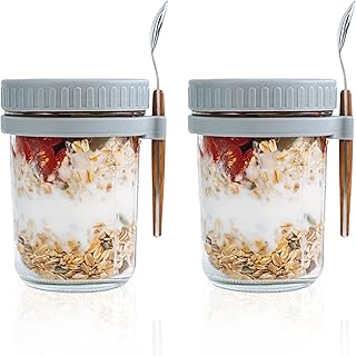 Sponsored Ad - SMARCH Overnight Oats Jars with Lid and Spoon Set of 2，10 oz Large Capacity Airtight Oatmeal Container with...