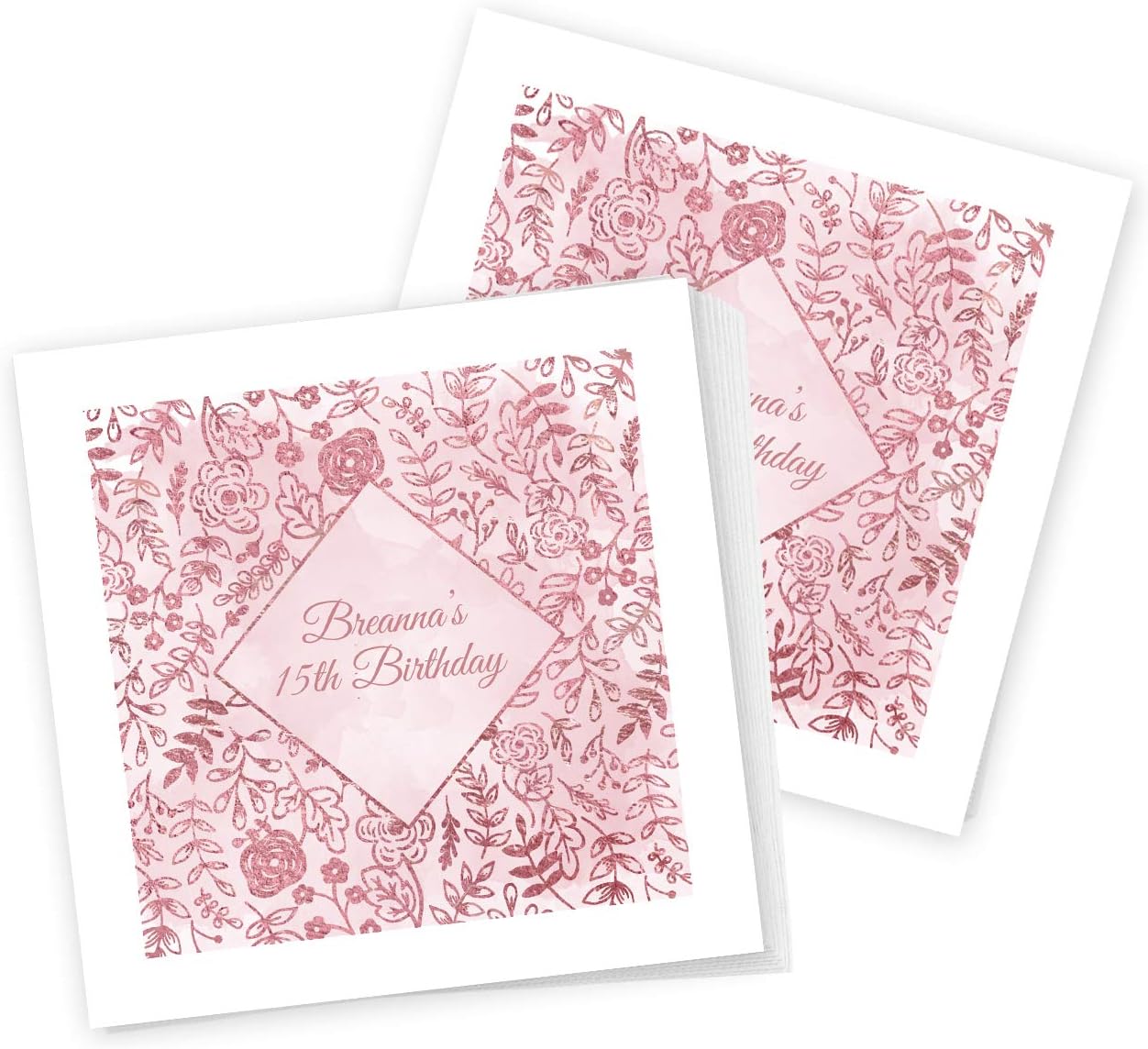 Shining Pink Floral Personalized Dinner Napkins / 100 White 3 Ply Paper Uncoined Luncheon Napkins With Pink Foil/Folded 6 1/2" x 6 1/2" Napkins/Made In The USA