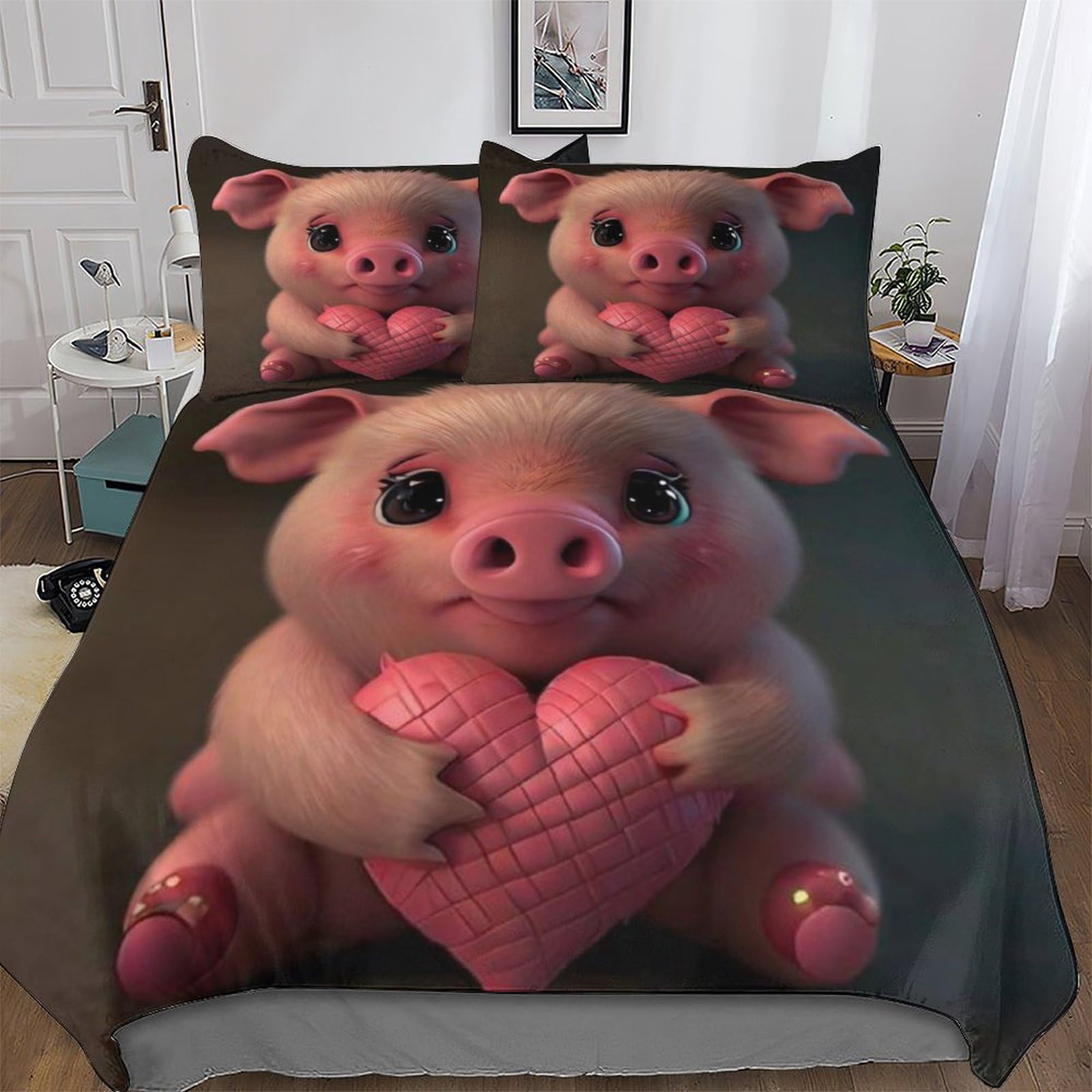 Parure de lit cochon mignon 3 pièces housse de couette 200x200cm microfibre imprimé 3D lit double