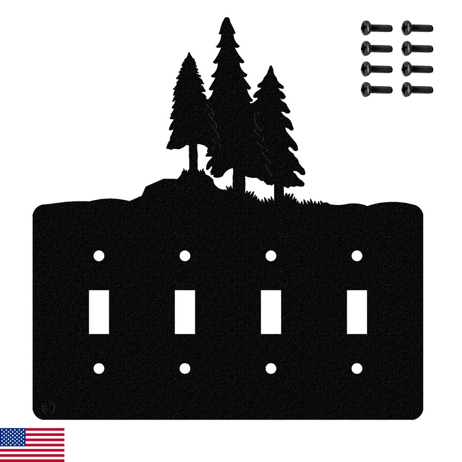 American Steel 3 Pine Trees Rustic Cabin Light Switch Cover Power Outlet Wall Plate, Quadruple Toggle, Black, MADE IN USA