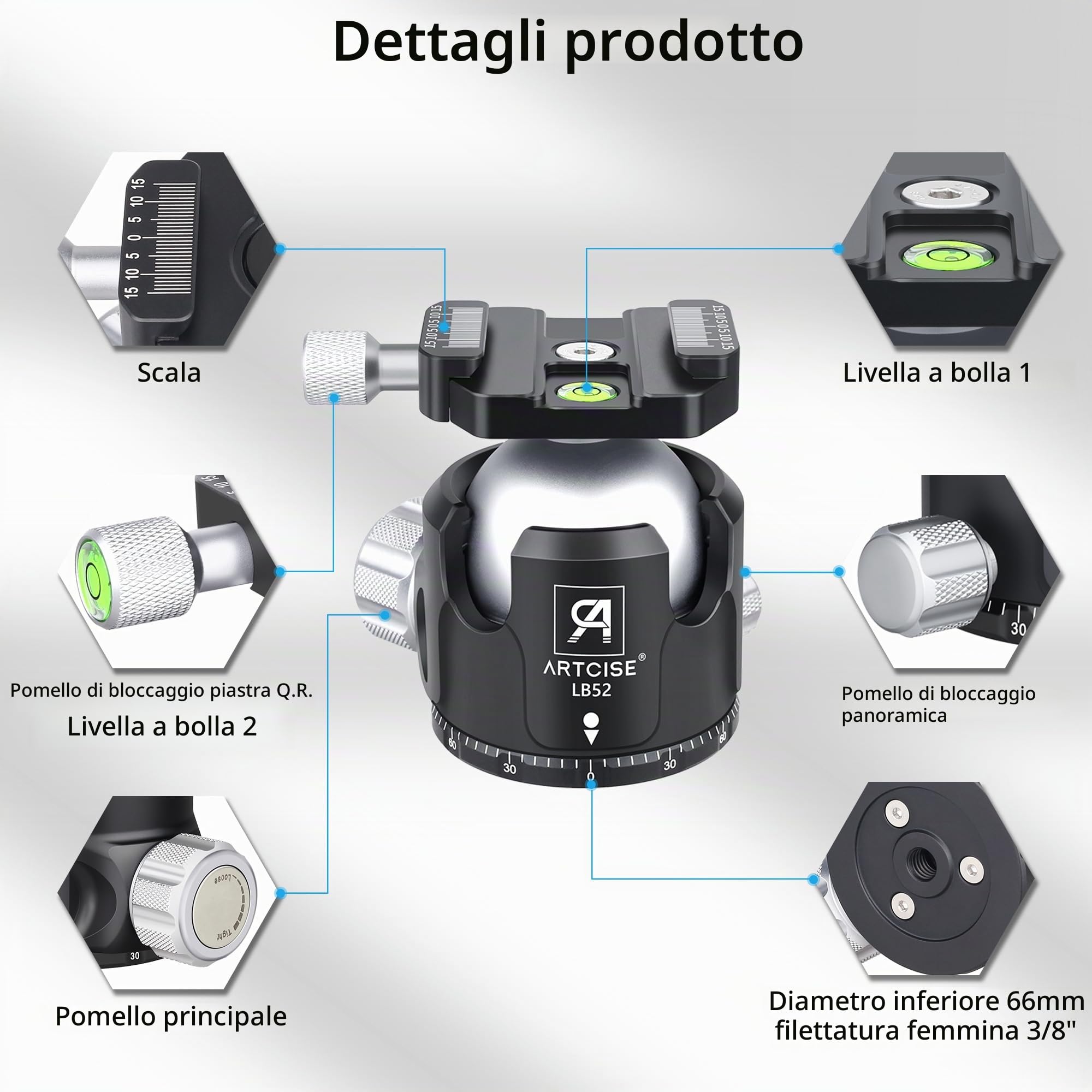 Testa per treppiede a basso profilo, diametro 52 mm, testa a sfera ARTCISE LB52, interamente in metallo, con due piastre a sgancio rapido da 1/4" per treppiede, monopiede, DSLR, videocamera