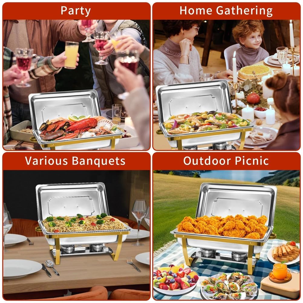 Juego de 4 platos de acero inoxidable de 9 cuartos de galón, con tapas y sartenes, calentadores de alimentos apilables con marco plegable, para fiestas, catering, eventos de vacaciones