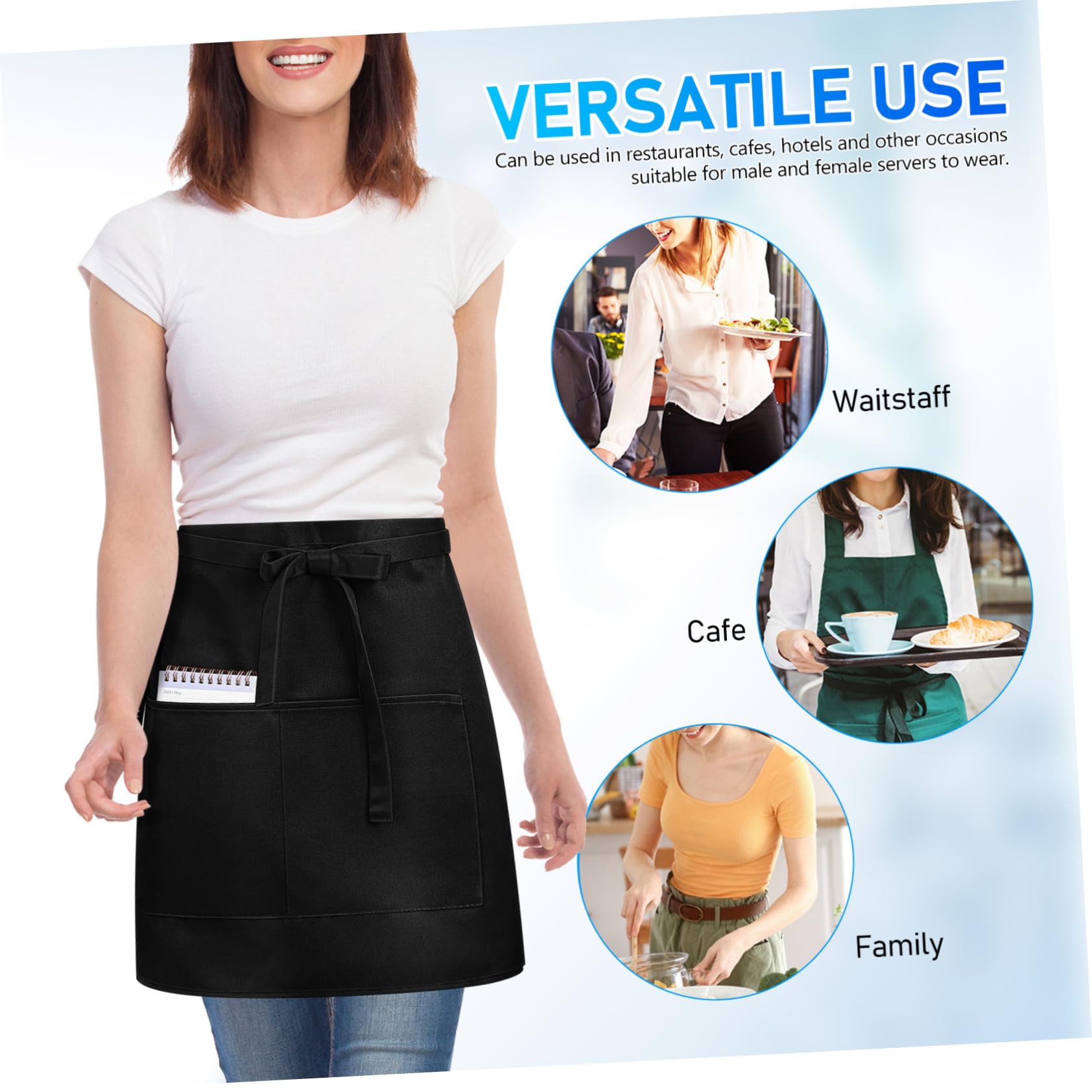 Cabilock 4 Pz Black Apron Nero, Grembiule da Cameriere Corto con Tasche, Regolabile, in Poliestere, per Ristoranti e Hotel