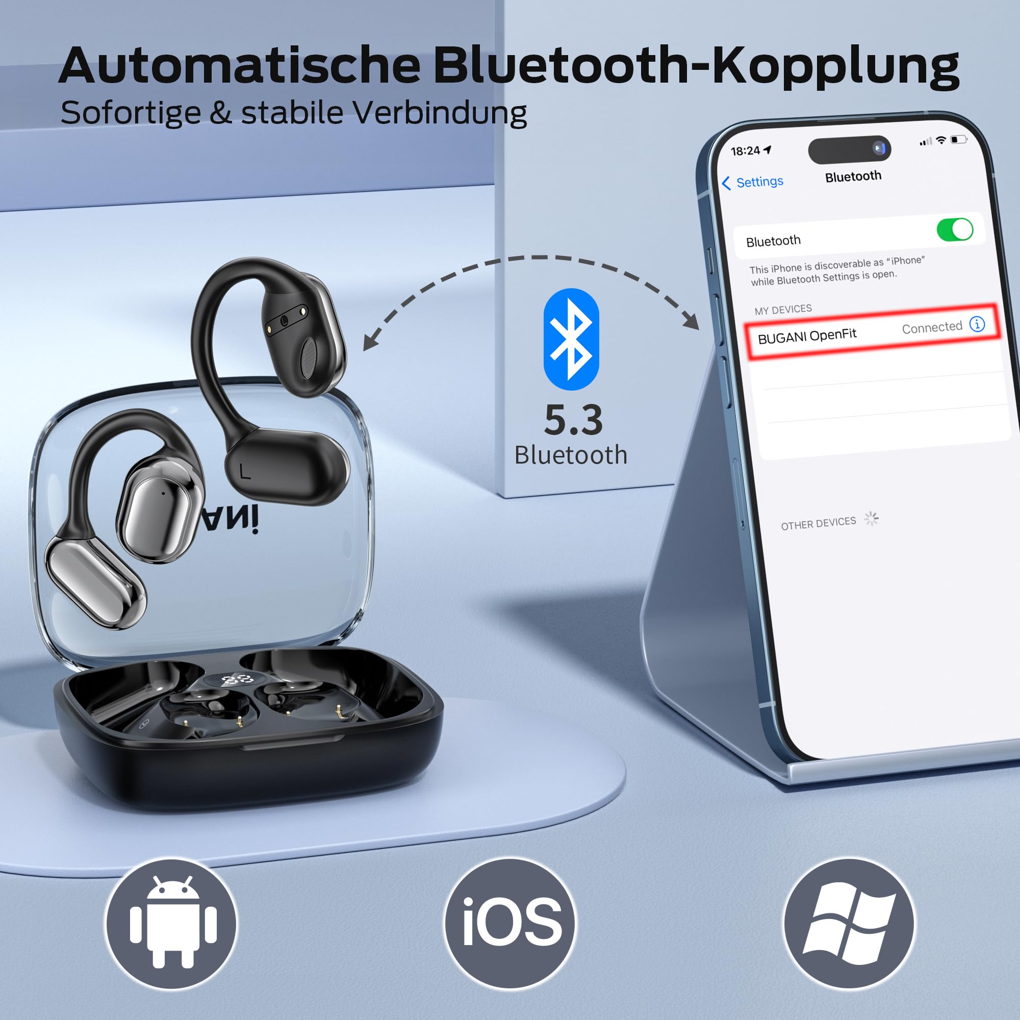 BUGANI Offene Bluetooth Kopfhörer Sport, Kopfhörer Kabellos mit Bügel BT5.4, 30 Stunden Akkulaufzeit, mit großem 16,2 mm Treiber, Ohrhörer Bluetooth mit Ohrhaken für iOS/Android Schwarz