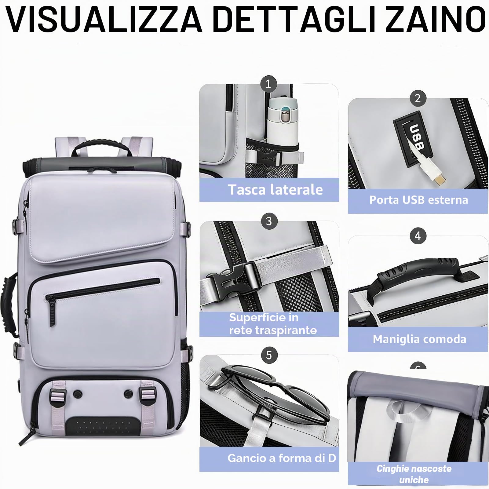 CORATED Zaino Unisex Espandibile da Viaggio, Zaino per Laptop con Scomparto Separato per Scarpe, Adatto come Bagaglio a Mano, Ideale per Viaggi, Lavoro e Escursioni, grigio argentato, L, Zainetto