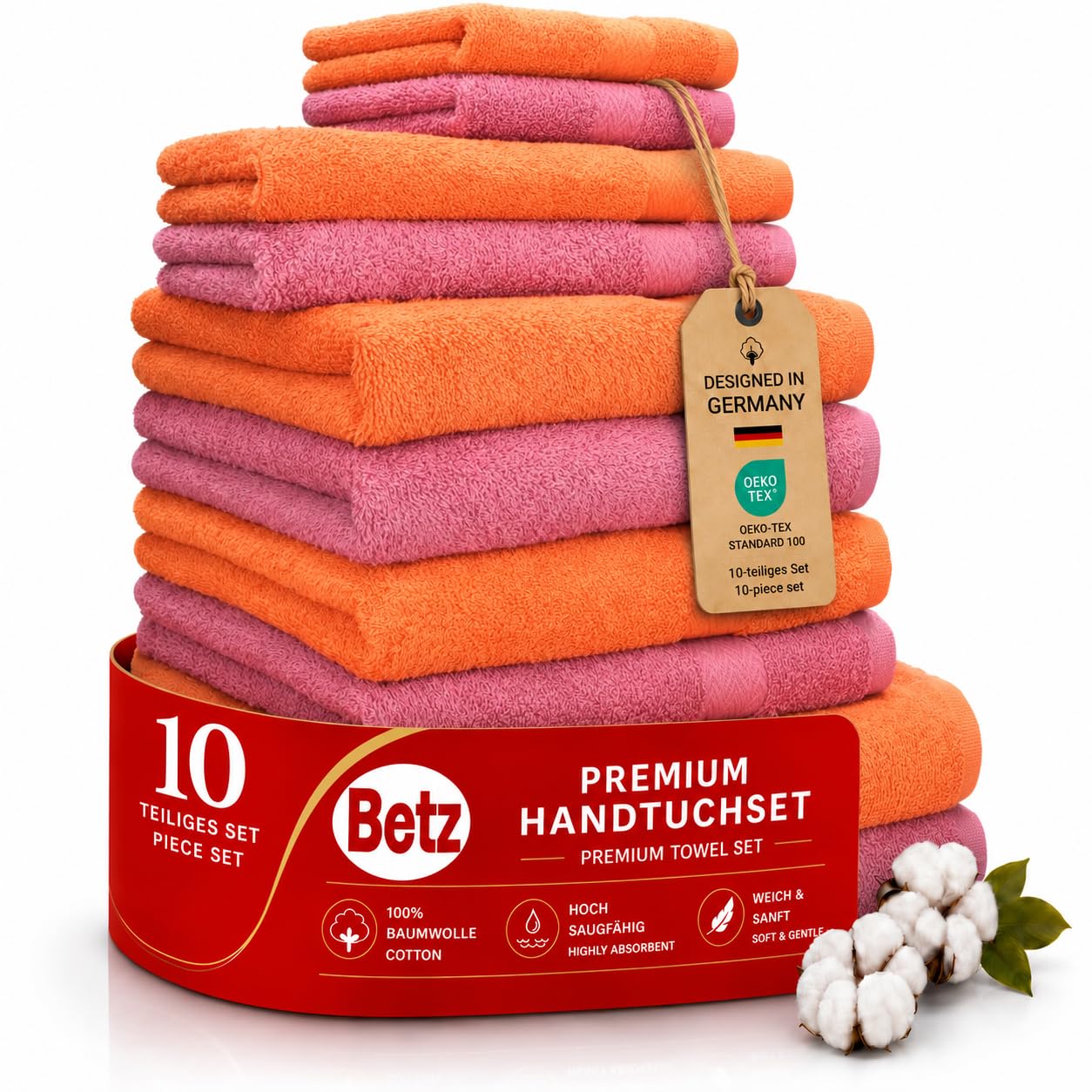 Betz 10-TLG. Handtuch-Set Classic 100% Baumwolle 2 Duschtücher 4 Handtücher 2 Gästetücher 2 Seiftücher Farbe orange und Altrosa