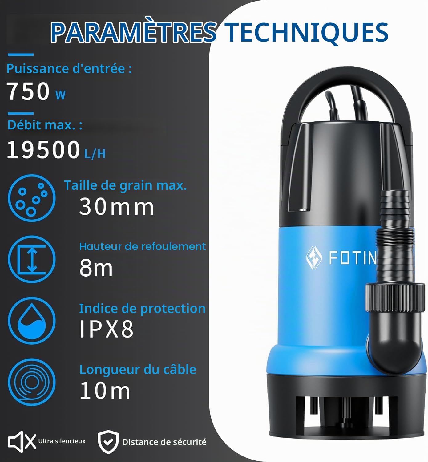 FOTING Pompe d’évacuation pour eaux chargées, Moteur 750W, 19 500 L/h, Hauteur de refoulement max : 8.5 m, Profondeur d’immersion max : 7 m, Taille particules: 30 mm, Flotteur Réglable 4 Niveaux