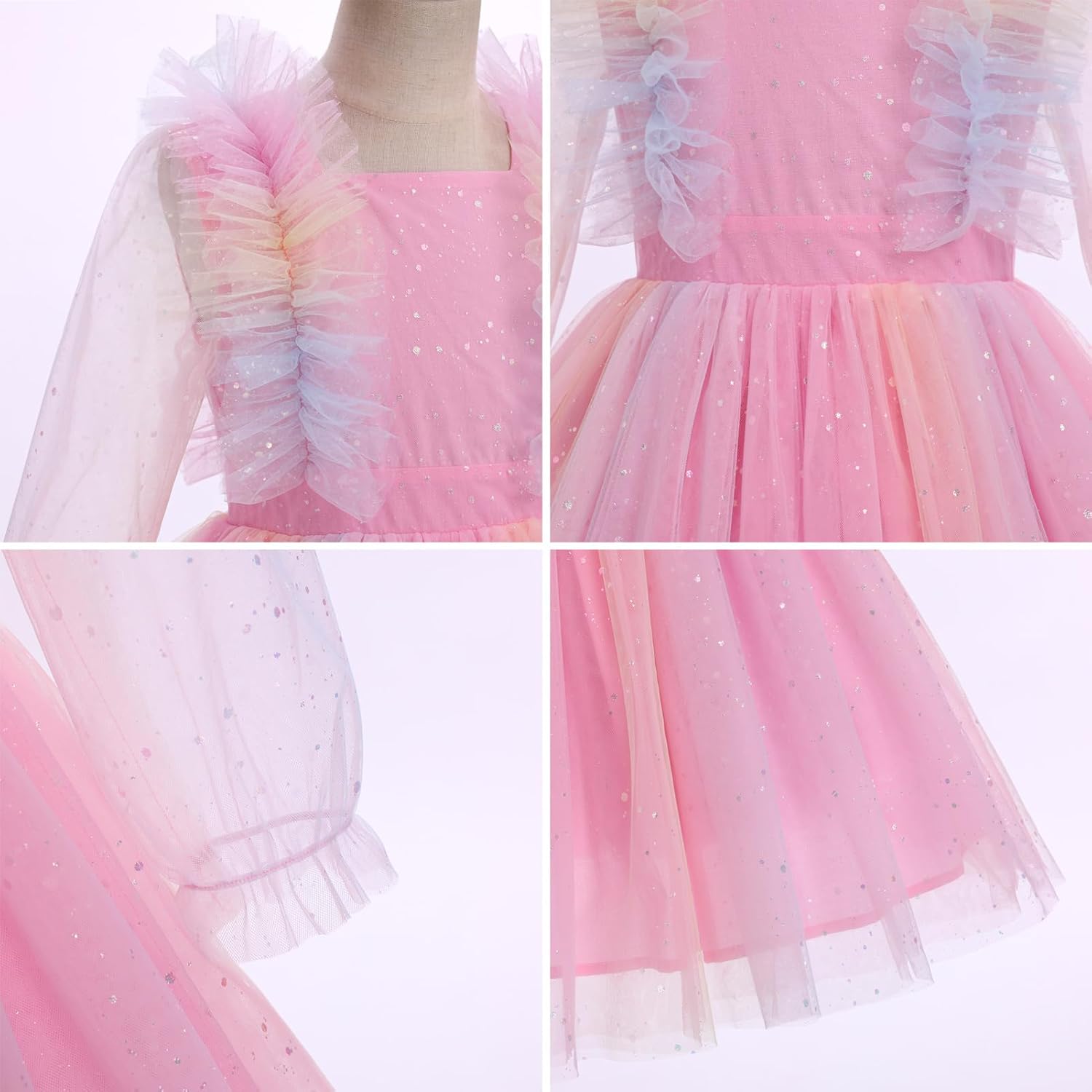IDOPIP Toddler Girls Birthday Dresses Rainbow Sequin Tulle Tutu Kids Princess Pageant Tea Party Long Sleeve Dress Fall 3rd 4th 5th 6th 7th 8th Birthday Formal Prom Fairy Gown Rainbow Pink 7-8 Years - Image 6