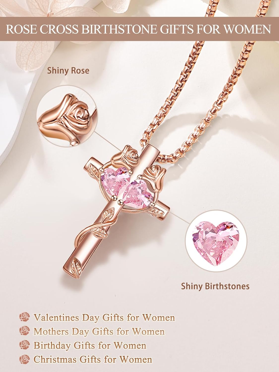 Rose Cross Necklaces for Women, Rose Gold Cross Jewelry with 2 Birthstones Pendant, Valentines Day Birthday Gifts for Women - Image 2