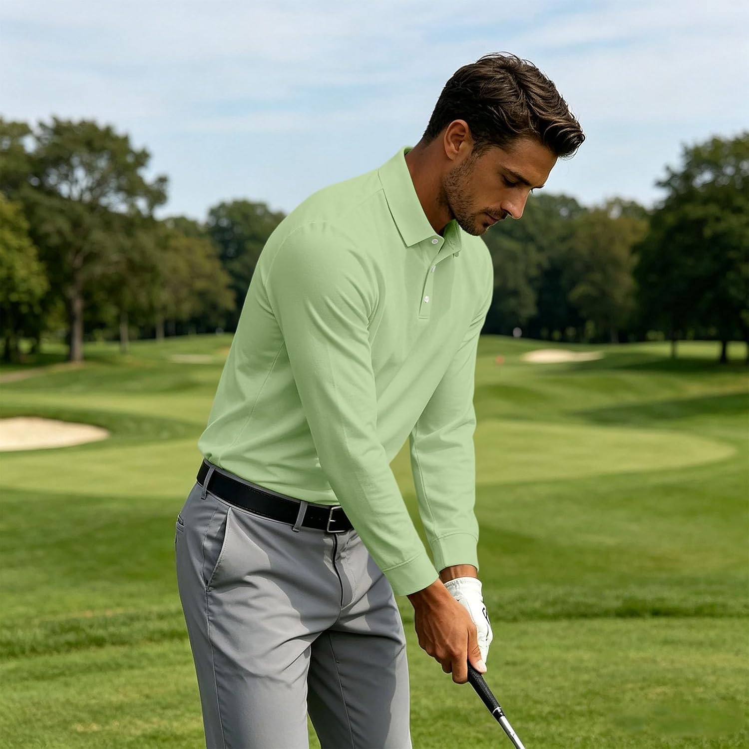 Mens Long Sleeve Golf Polo Shirt Quick Dry Breathable Collared Sports