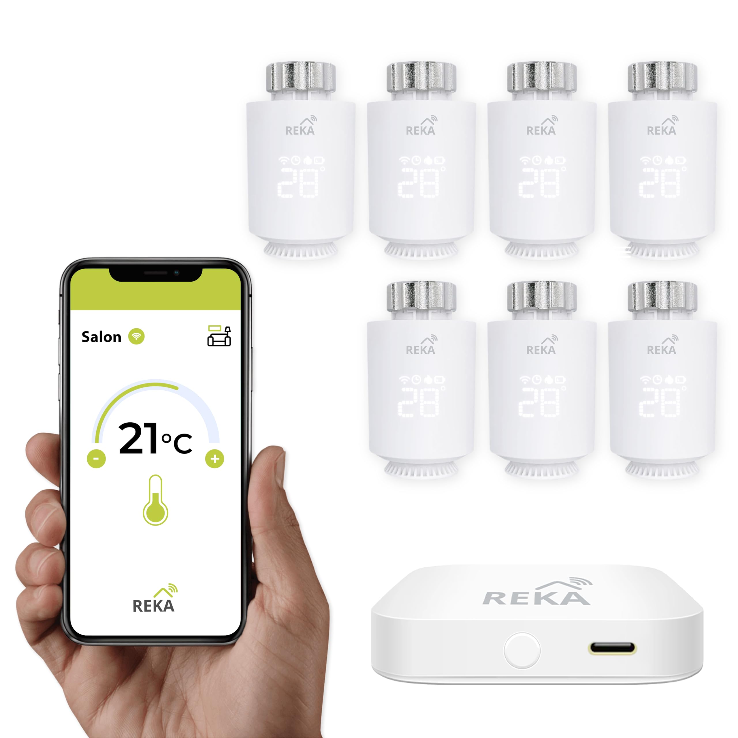 Tête Thermostatique Intelligente Connectée REKA - Contrôle Température Via Appli Tuya, Programmation, Détection Fenêtres Ouvertes - Compatible Assistants Vocaux (7, avec Passerelle)