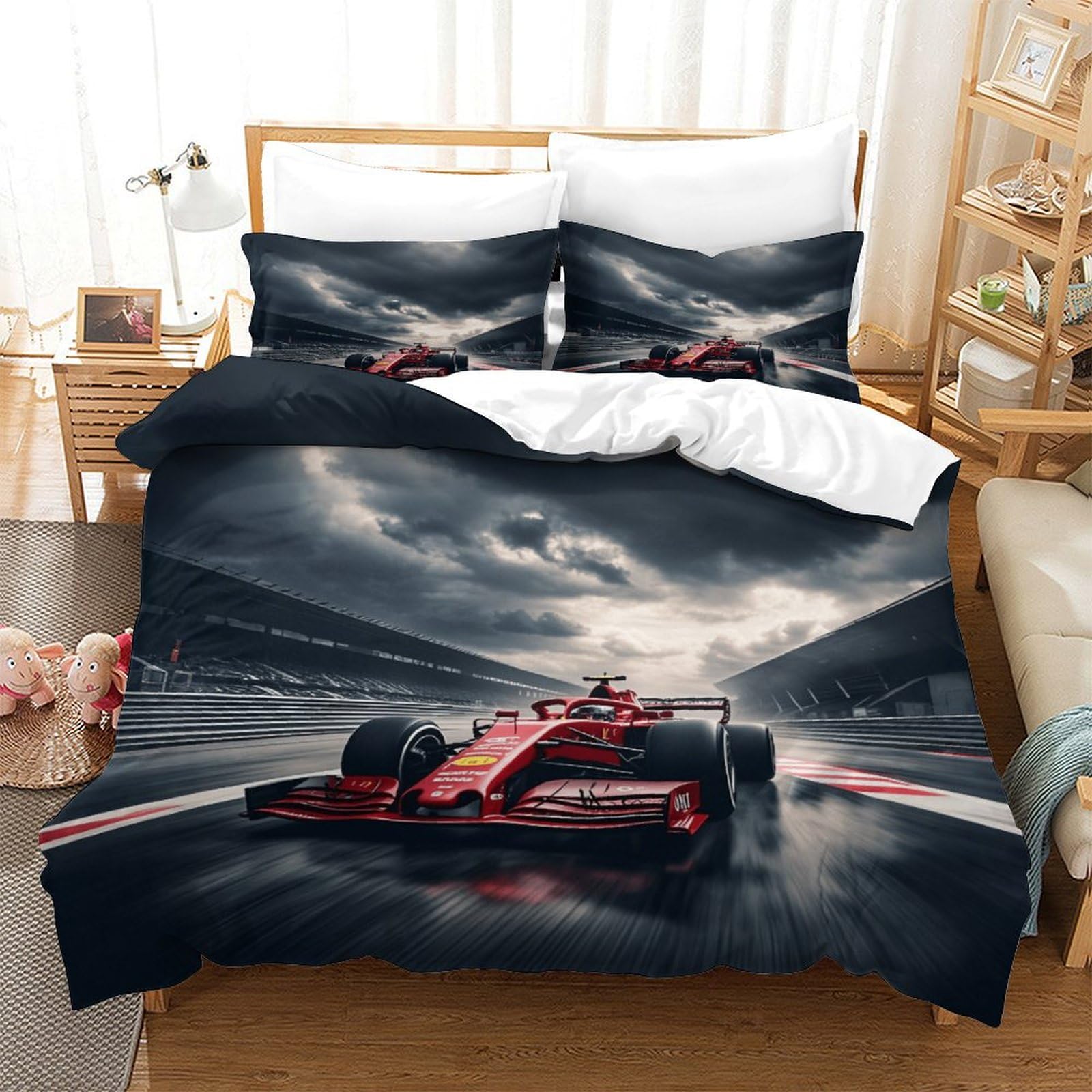 Ferrariii Modèle Housse De Drap, Lavable Formula Racing Housse De Couette Microfibre Douce Linge De Lit Finesse Literie Hygroscopique Parure De Lit Double（200x200cm）