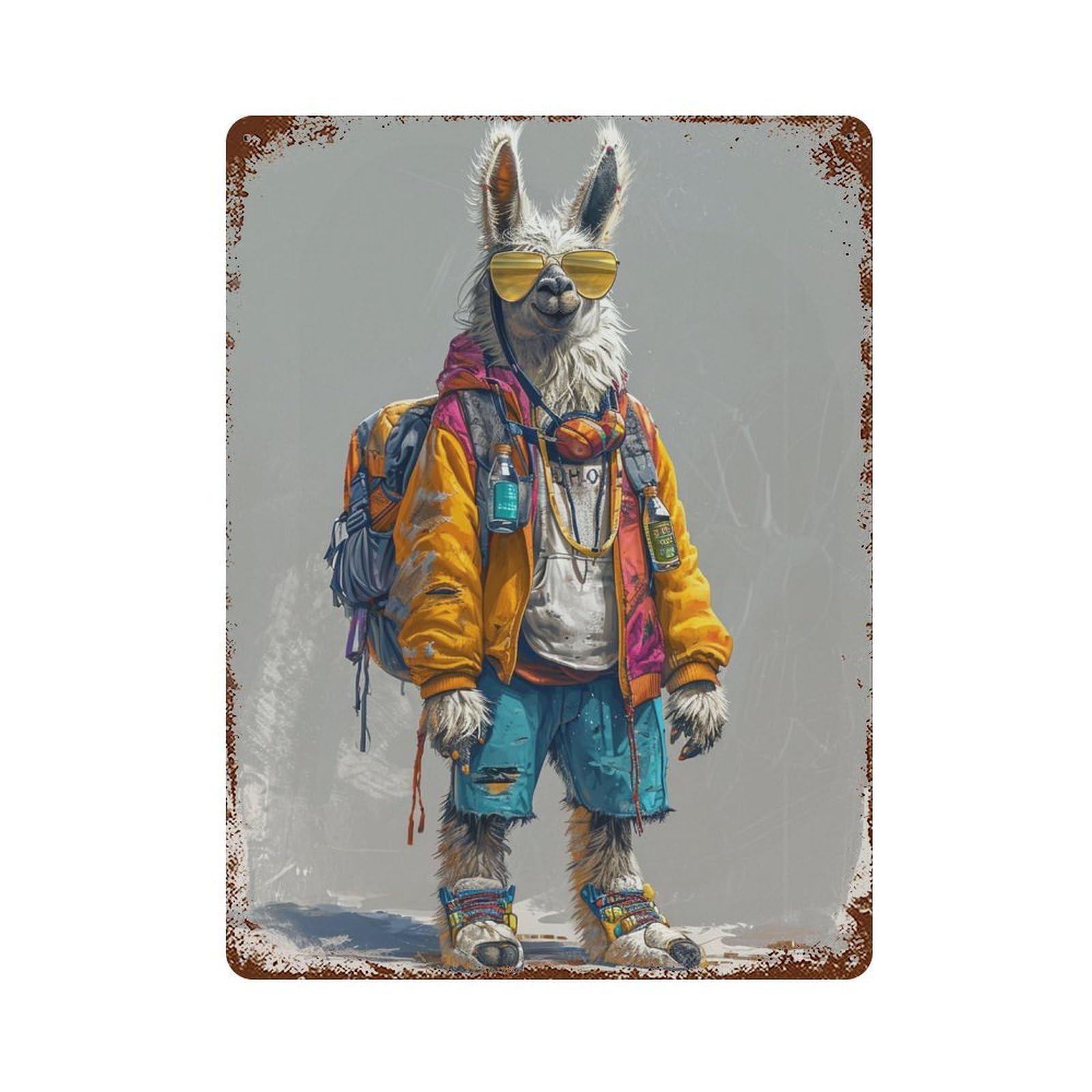 Llama Hiking Gear Adventure Vintage Rust Metal Sign 15.7"x11.8", Shabby Chic Decor for Shed, Workshop And Garage Wall Decor