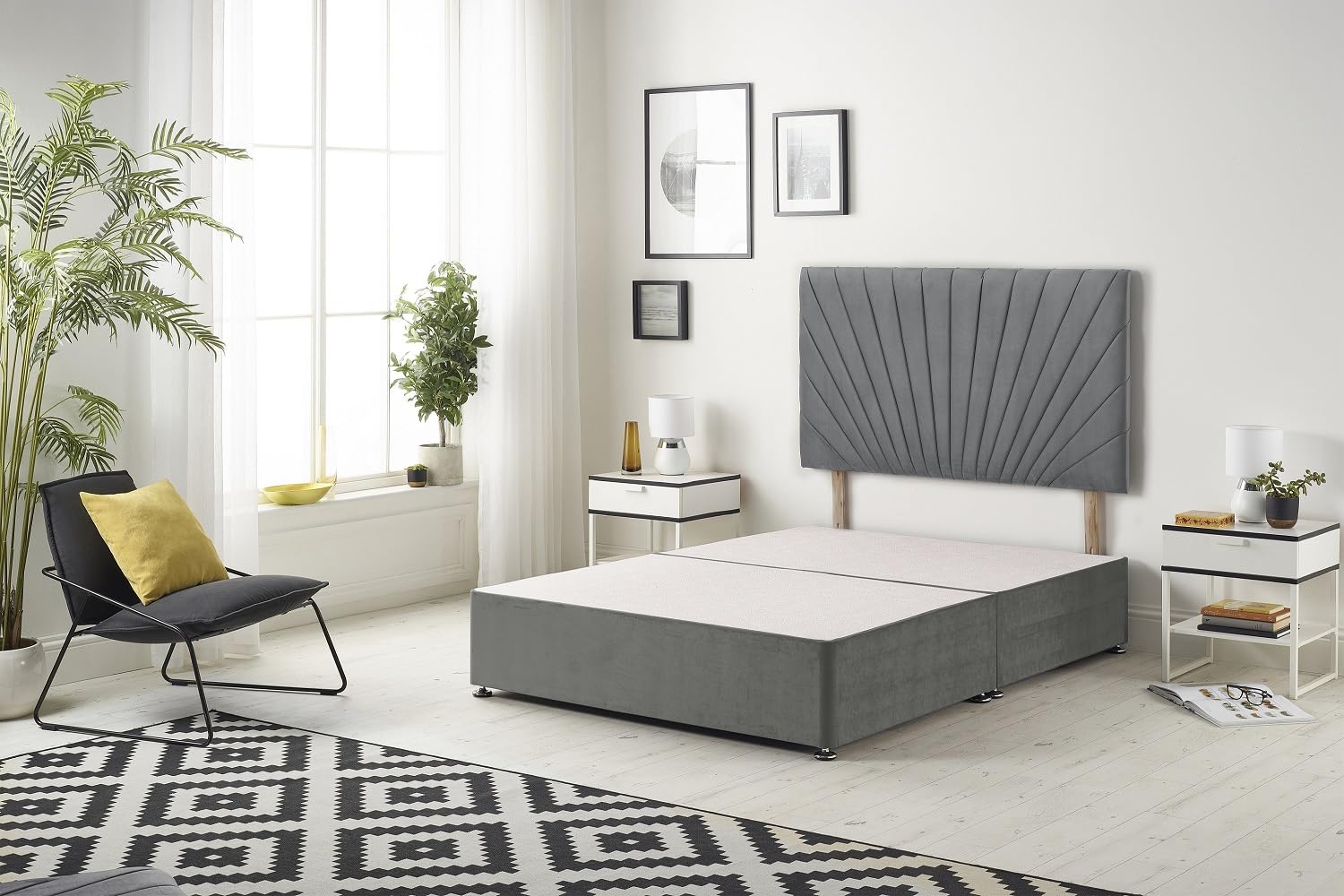 Bed Centre Platinum Charcoal Plush Divan Bed Base With Same Headboard And Storage Drawer-5FT King.(King 150 x 200 cm, No Drawer, With Headboard)