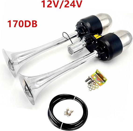 Car Horn With Prolonged Sound - Double Silver Speaker, Zinc Chrome, Stainless Steel 304 Air Tank - Electric, Loud - Suitable for 24V/12V Car, Yacht, RV, Train, Boat