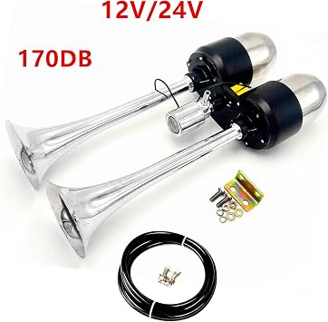 Car Horn With Prolonged Sound - Double Silver Speaker, Zinc Chrome, Stainless Steel 304 Air Tank - Electric, Loud - Suitable for 24V/12V Car, Yacht, RV, Train, Boat