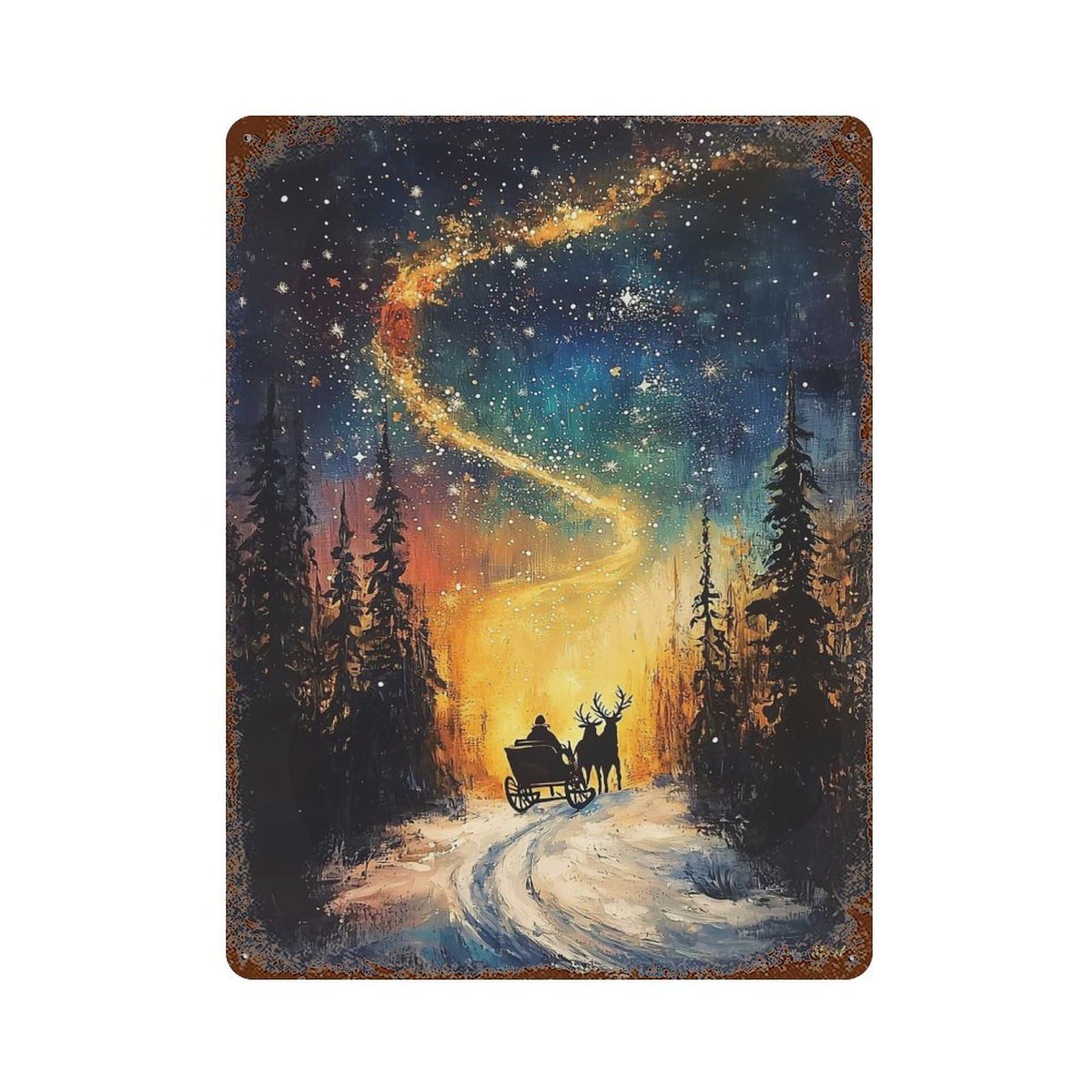 Cosmic Winter Journey Sleigh Ride Under The Celestial Swirl Rust Effect Tin Sign 15.7"x11.8", Ideal for Farmhouse, Kitchen And Entryway Decor