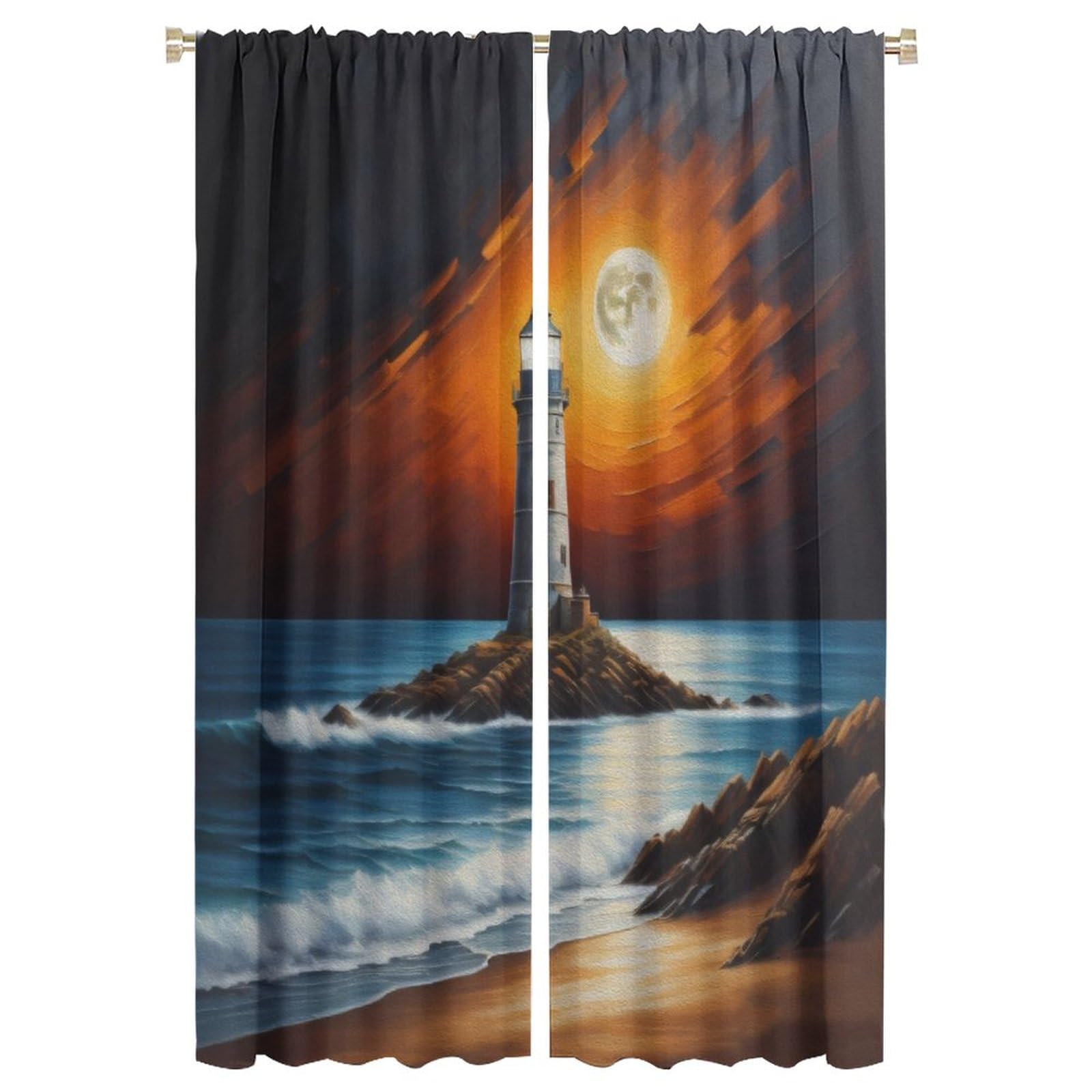 Lightinghouse Curtain Waves and Sunset Island Blackout Print Rod Pocket Window Drapes for Bedroom Living Room 52x84in