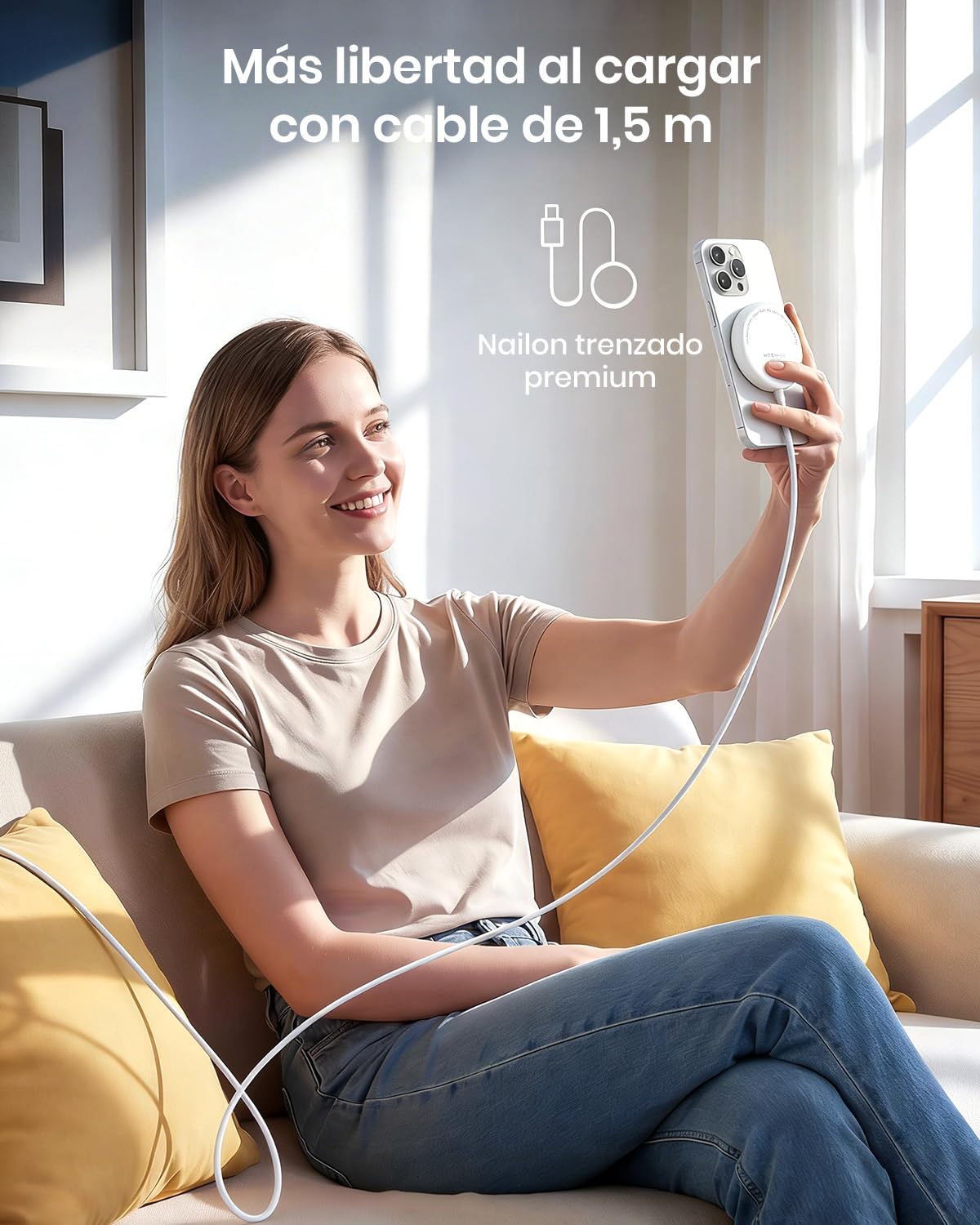 Cargador inalámbrico magnético Qi2 25 W, Base con Cable 1,5 m Compatible con mag-Safe para iPhone 17e/Air/17/16/15/14/13/12, Air-Pods 4/3/2/Pro, Serie Pixel 10 y más, Adaptador 30 W - Blanco