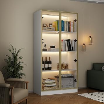 Display Cabinet with Glass Doors and Lights, Glass Display Cabinet with 4-Tier Storage Shelves, Pop-up Design, Trophy Case White and Champagne Gold 31.5W x 15.7D x 63H