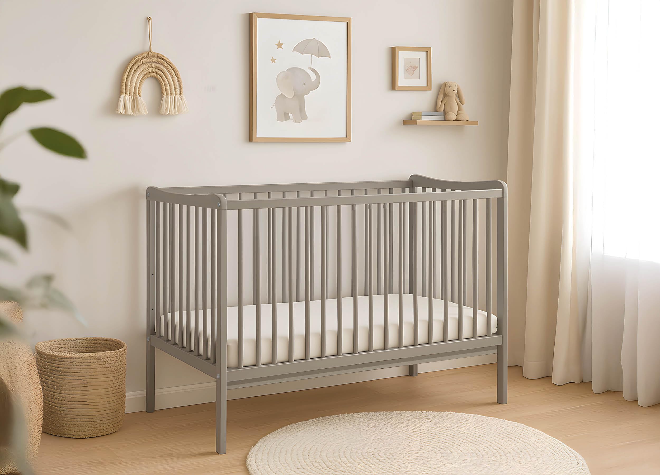 Baby Happy Bliss GRZES Babybett 120x60 cm Taupe, EN 716 geprüft, Kinderbett aus Buchenholz, höhenverstellbarer Lattenrost, 3 herausnehmbare Sprossen
