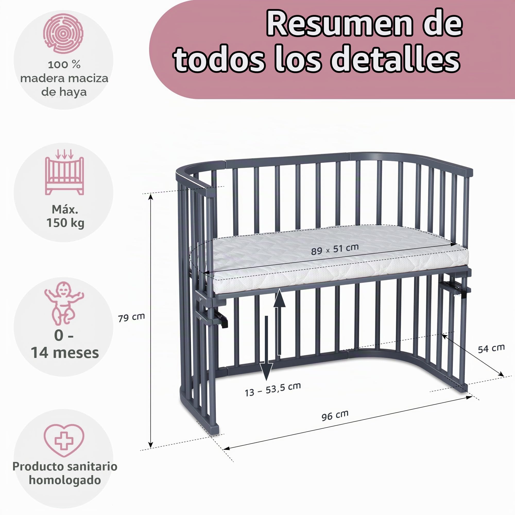 babybay - Cuna de colecho con ventilación extra, color gris