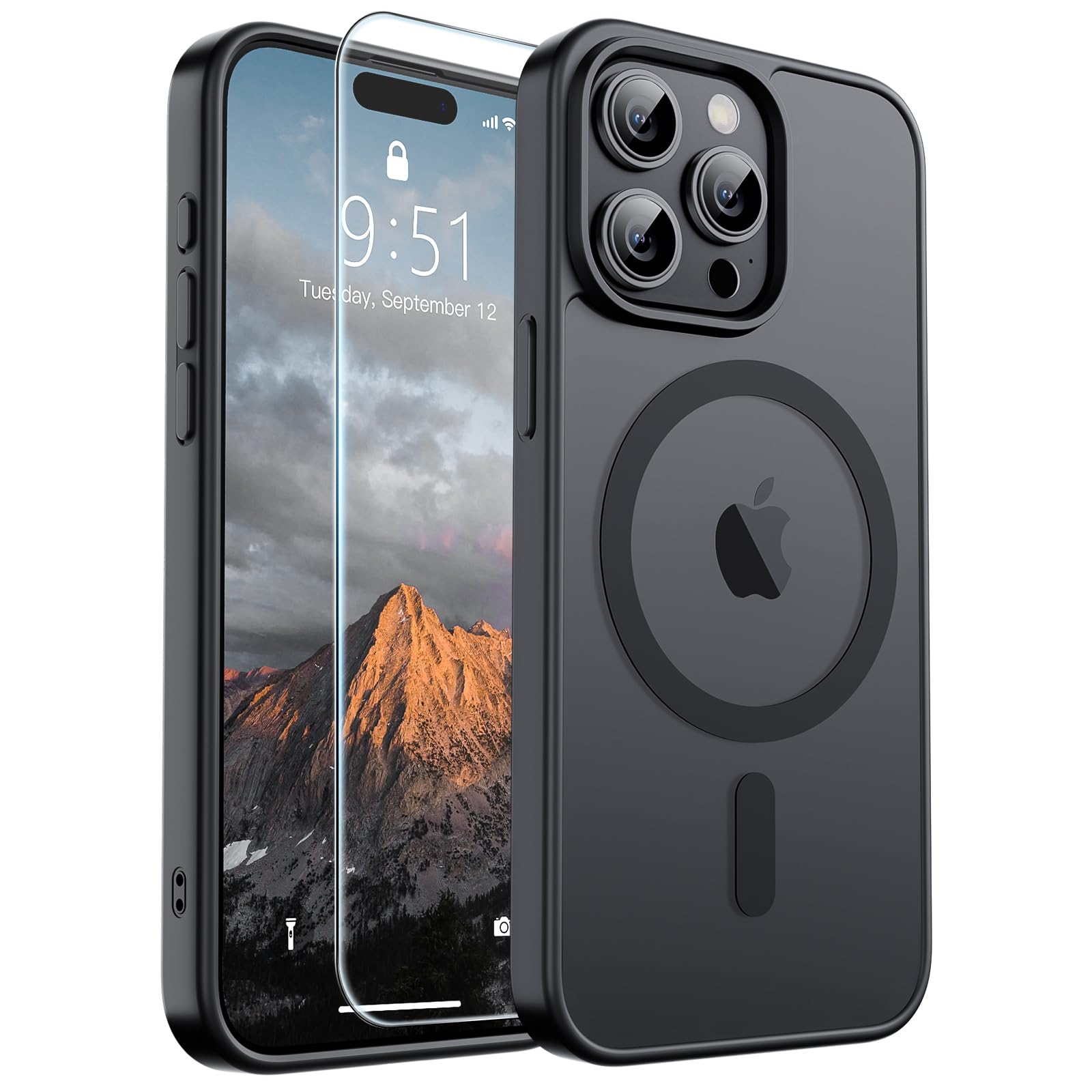 SUPFINE Magnetic for iPhone 15 Pro Case Black | With Screen Protector, Translucent Matte, Compatible with MagSafe, Military Grade Drop Proof, Rugged Shockproof Protective