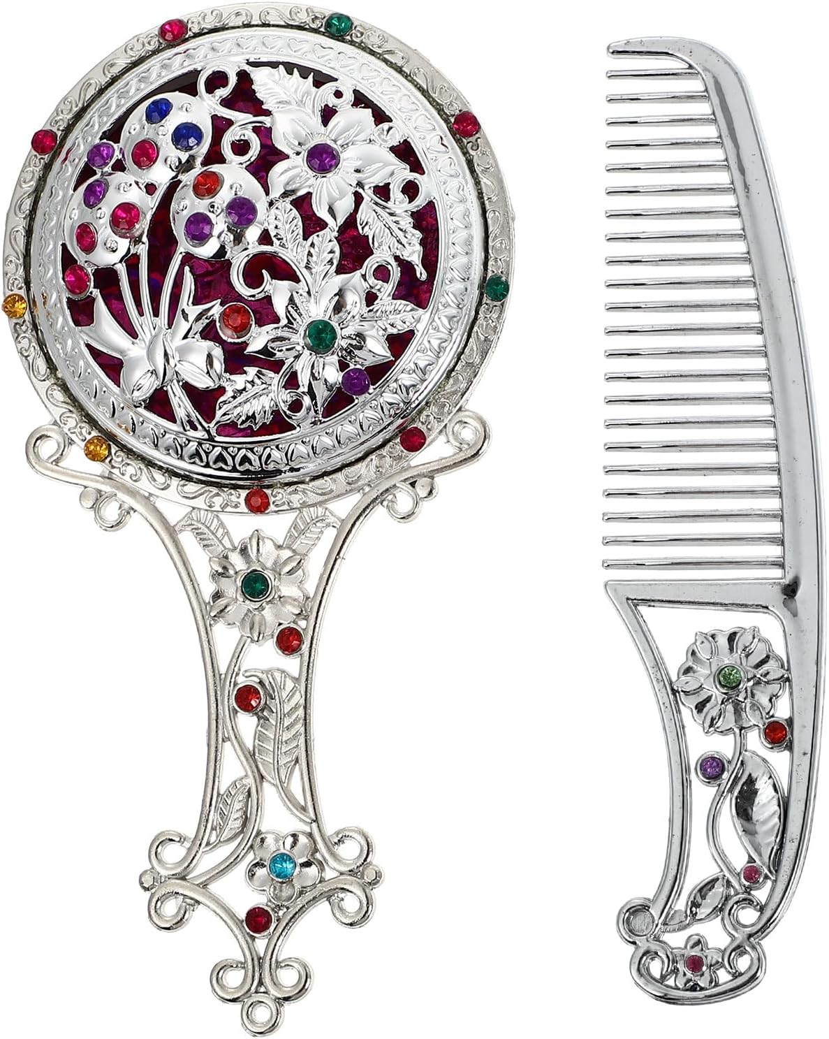Retro Handheld Makeup Mirror with Comb Set, Alloy Silver