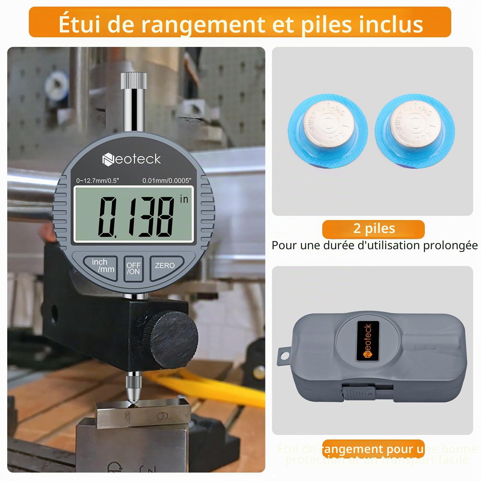 Neoteck DTI Indicateur numérique à cadran 0,01 mm/0,0005" Indicateur de sonde numérique Plage de test à cadran 0-12,7 mm Indicateurs de test électronique