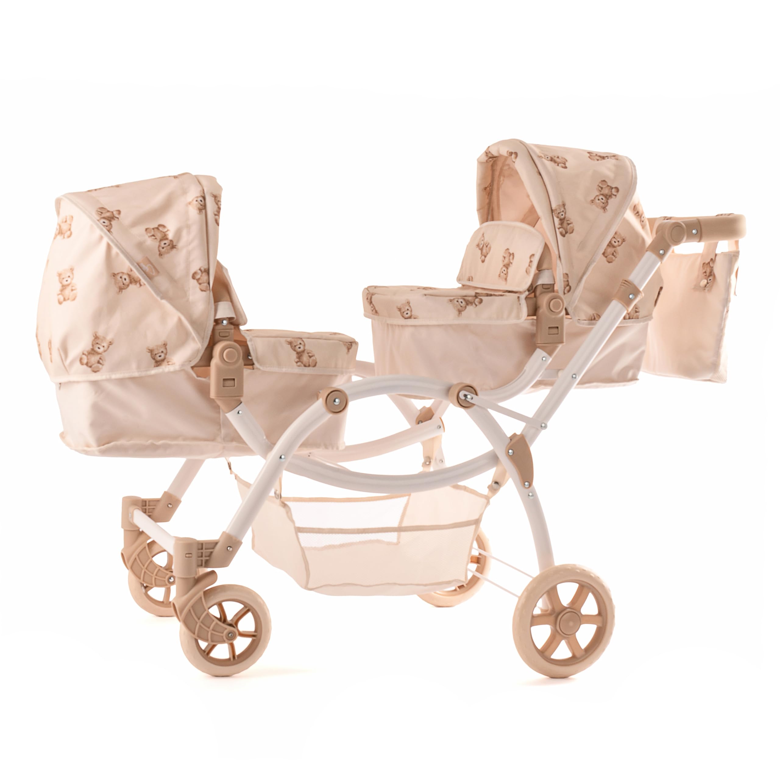 Teddy Twin Luksusowy Wózek dla Lalek Bliźniaków – Podwójny 3w1, Kremowy w Misie – Regulowana Rączka (50-88 cm) – Dla Dzieci 3-7 Lat