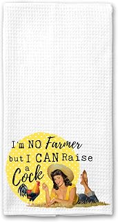 I'm no Farmer, but I can Raise a Cock Funny Chicken Rooster Vintage 1950's Housewife Pin-up Girl Waffle Weave Microfiber Towel Kitchen Linen Gift for Her BFF