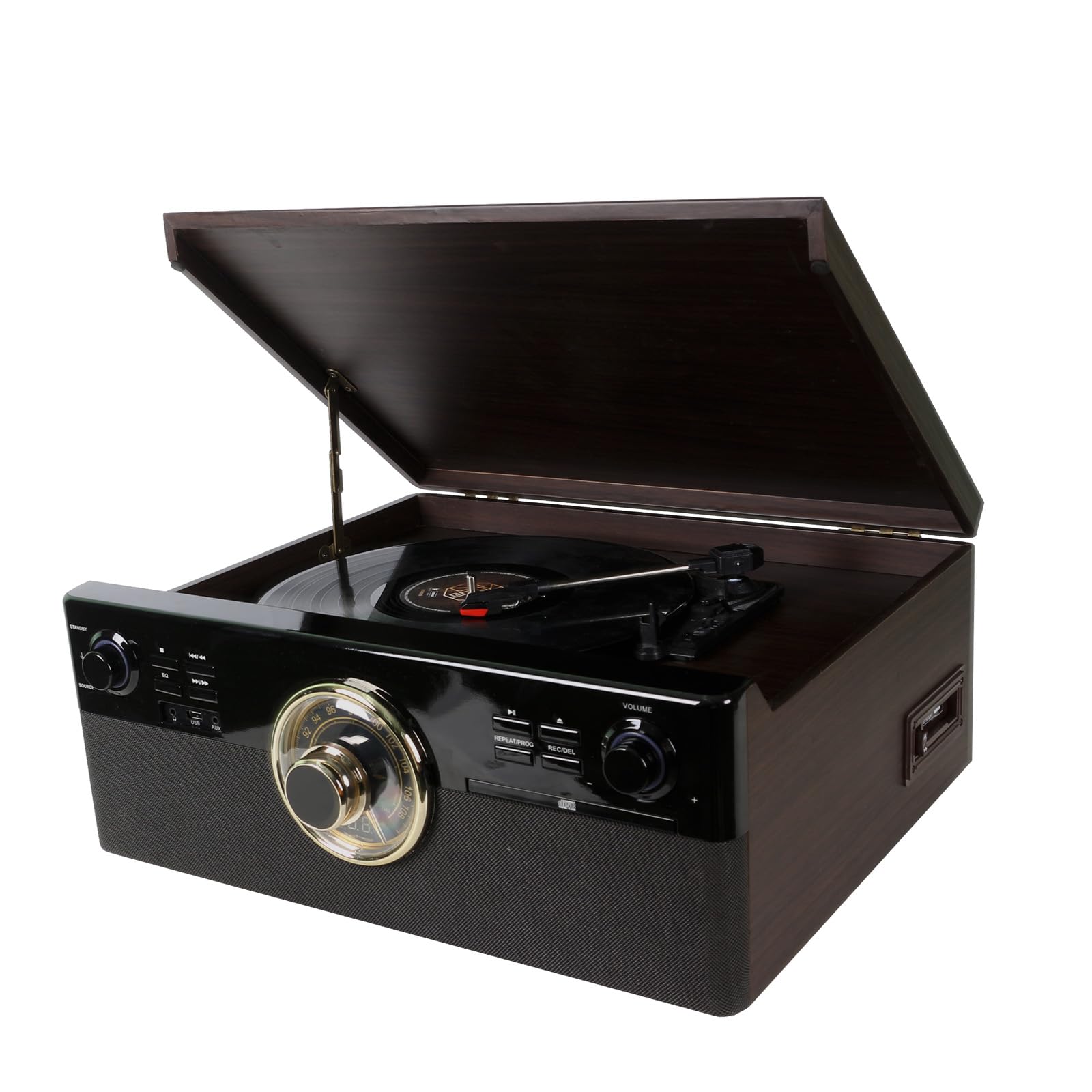 10 in 1 Bluetooth Record Player for Vinyl with Speakers, CD, Cassette Tape, FM Radio, USB Playback and Recording, Vintage Turntable with 3-Speed, Aux-in, Line-Out, Earphone Jack