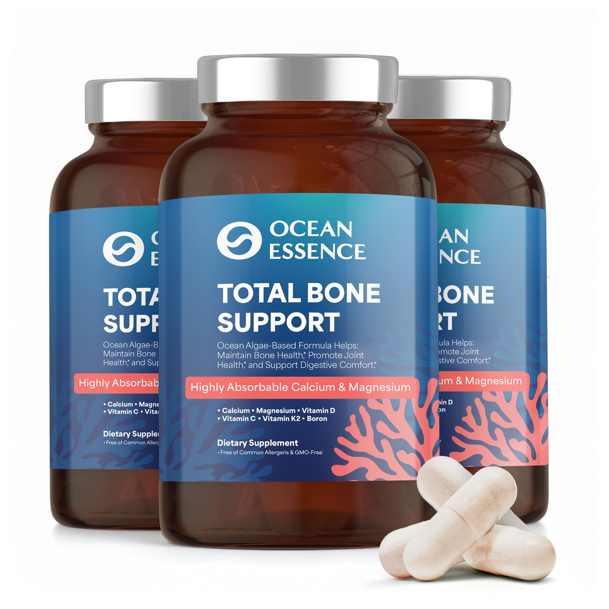 3 Pack OCEAN ESSENCE Total Bone Support - Plant-Based Algae Calcium Supplement for Supporting Bone Density Strength -