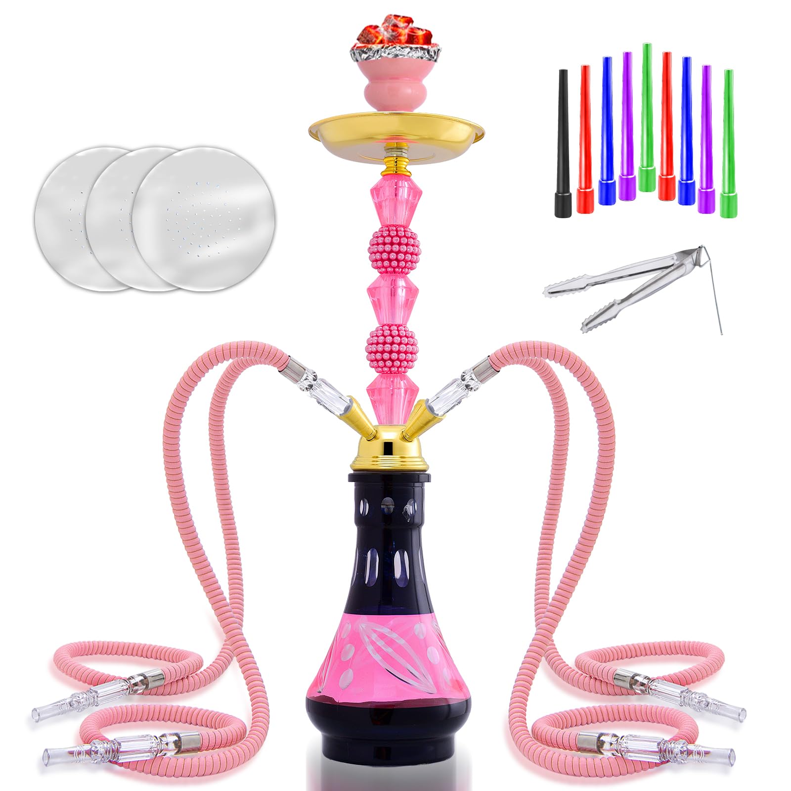 22 Premium 4-Hose Hookah Set - Complete Luxury Kit with 20 Tips 50 Foils Jade Shaft Home Lounge