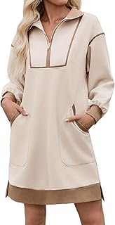 Women's Oversized Sweatshirt Dress Half Zip V Neck Long Sleeve Contrast Fall Casual Mini Dresses