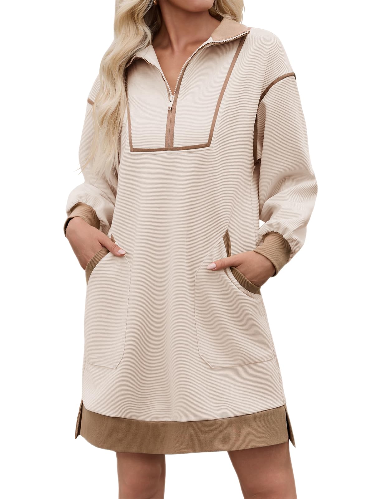 Wenrine Mini robe sweat-shirt surdimensionnée pour femme, demi-fermeture éclair, col en V, manches longues, contrastée, décontractée, pour l'automne