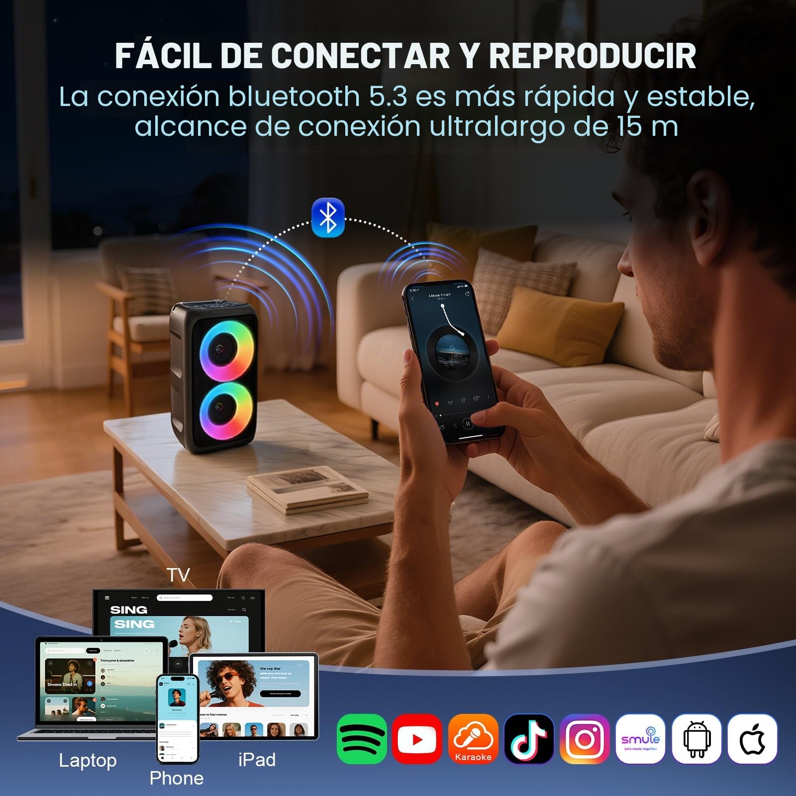 Karaoke 2 Microfonos Inalambricos (Novedad 2025): Altavoz Bluetooth con Sonido Envolvente y micrófonos de Voz cálida. Conecta por Bluetooth, AUX, USB o FM a tu TV, Smartphone, Tablet