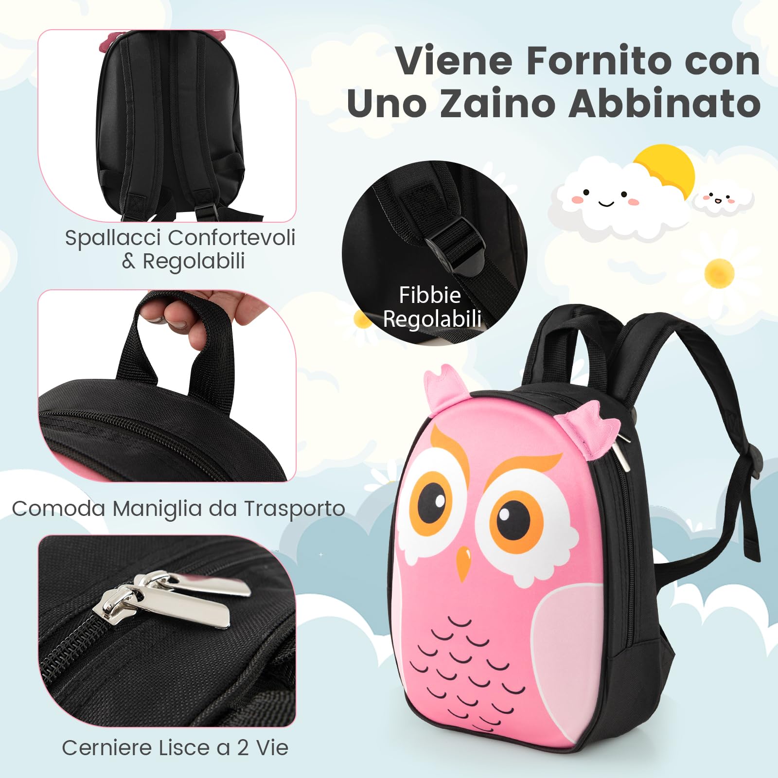 RELAX4LIFE Set 16''+12'' di Valigie per Bambini 2 in 1, 2 Pezzi, Trolly 16''+Zaino 12'', con Ruote Girevoli, Maniglia Retrattile, Zaino con Piedini in Plastica (Gufo)