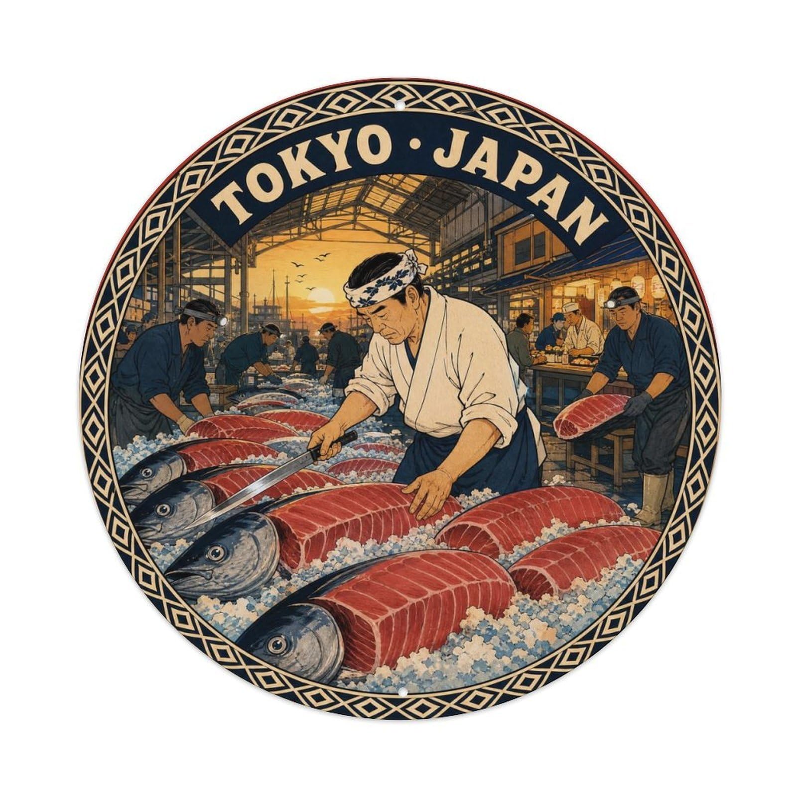 Olyhtr 8X8inch Classic Style Tokyo Tsukiji Tuna Auction Japanese Cuisine Metal Tin Sign