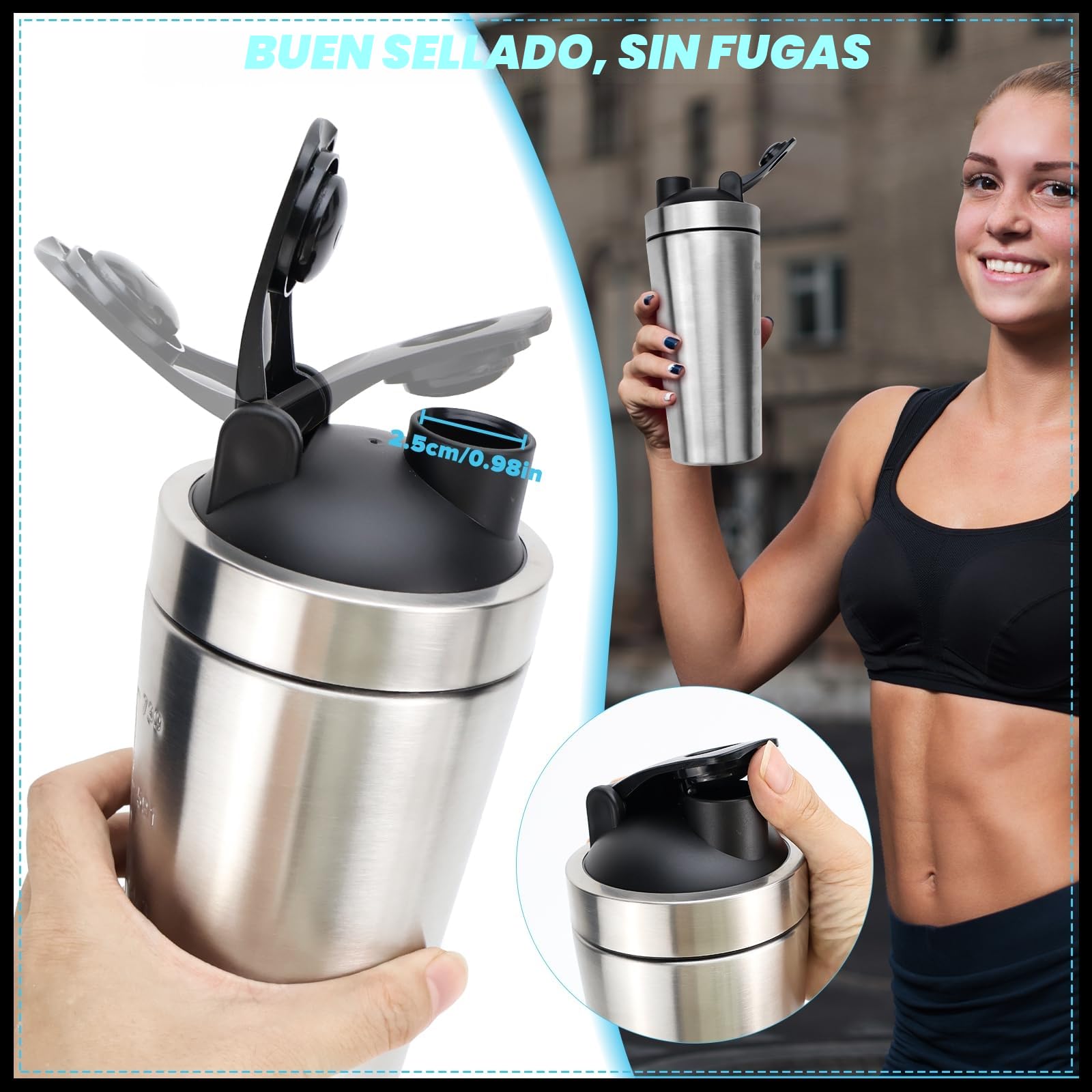 Shaker Acero Inoxidable, 750 ml Shaker Proteinas, con Bola Agitadora y Cepillo de Taza, Doble Mezcla, Escalas Interior y Exterior, Coctelera Proteinas Para Fitness, Ciclismo, Regalos, Plata