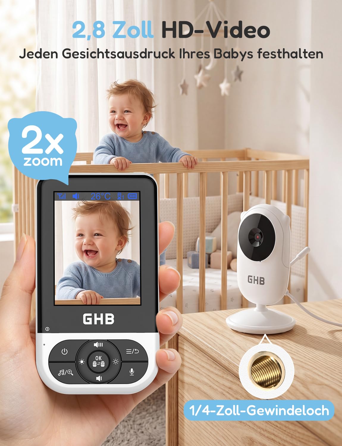 GHB Babyphone mit Kamera Baby Monitor 2,8 Zoll mit Nachtsicht VOX Schlaflieder Gegensprechfunktion Temperatursensor Max. 4 Kameras Unterstützt Schwarz