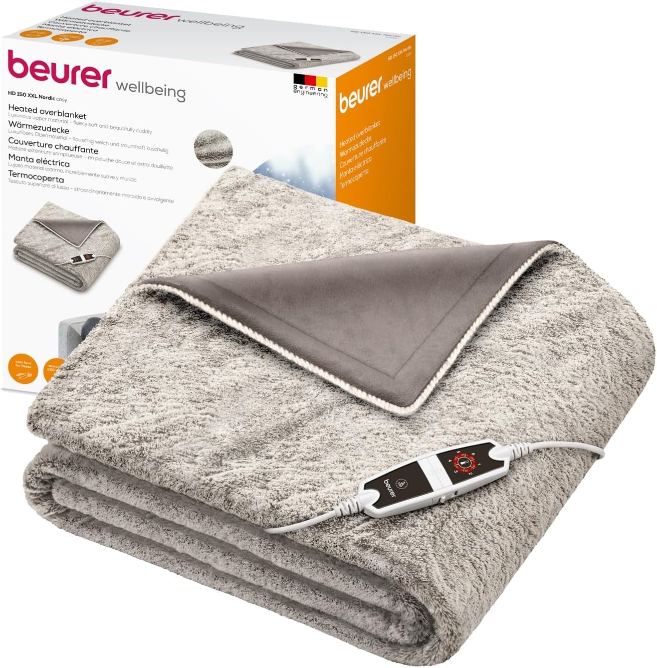 Beurer HD 150 XXL Nordic Electric Blanket with Automatic Shut-Off, 200 x 150 cm, 6 Temperature Levels, Machine Washable, Cuddly Blanket in Fur Look, Taupe