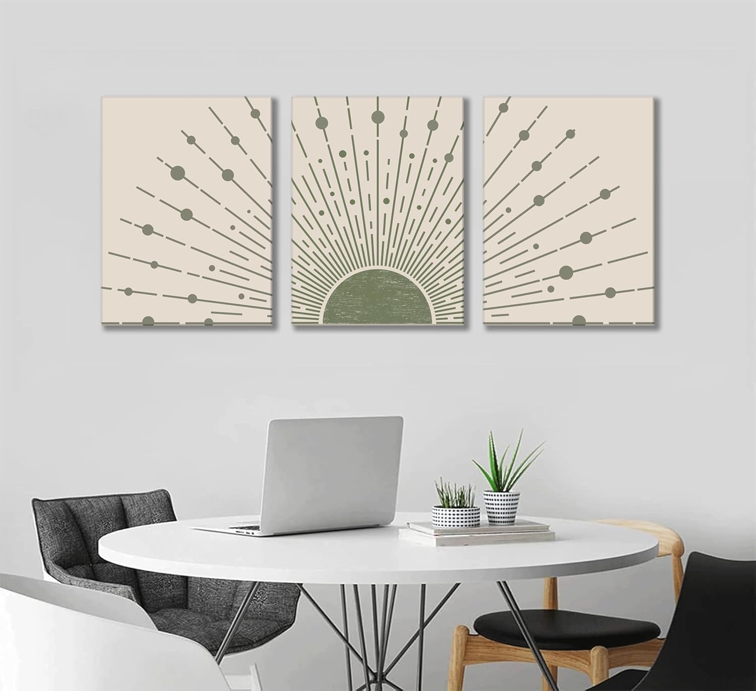 3pcs Sun Boho Canvas Wall Art Sage green Sun Wall Decor Modern Sunrise Posters Modern Abstract Geometric Prints Pictures Mid-Century Painting for Living Room, Bedroom, Bathroom and Office framed