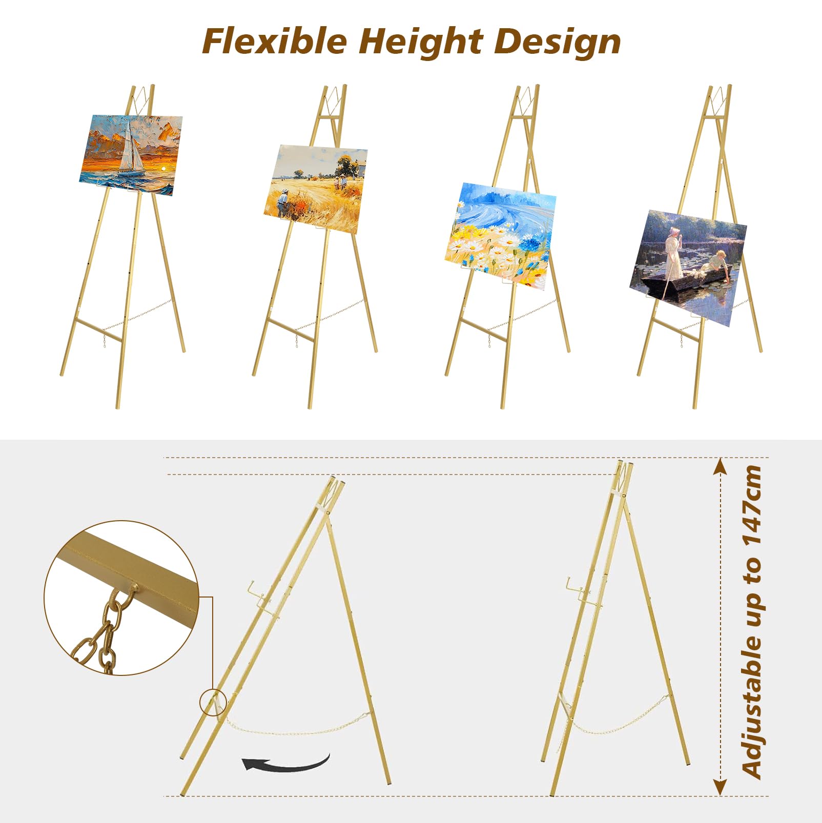 147cm Hochzeits Staffelei, Verstellbarer Gold Metall Staffelei Stand | Schwerer Boden Schildständer bis 45kg, für Willkommensschild Hochzeit Poster Display Event Dekoration