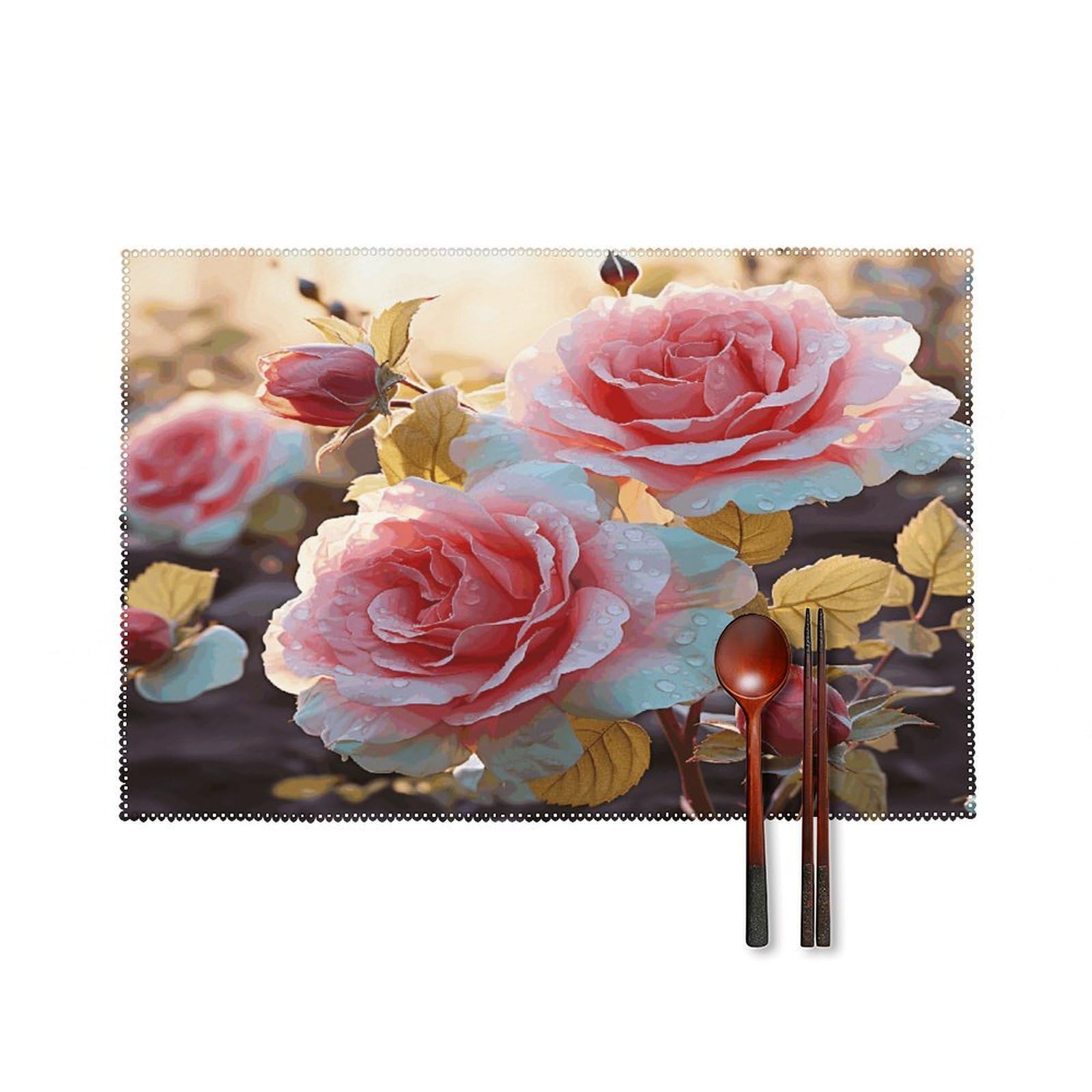 Rose Flower Wildflowers Placemats Set of 4 Heat Resistant Non-Slip Place Mats for Dining Table Washable Placemat Wipeable Dining Table Mat Canvas Place Mats Dining Table Decor