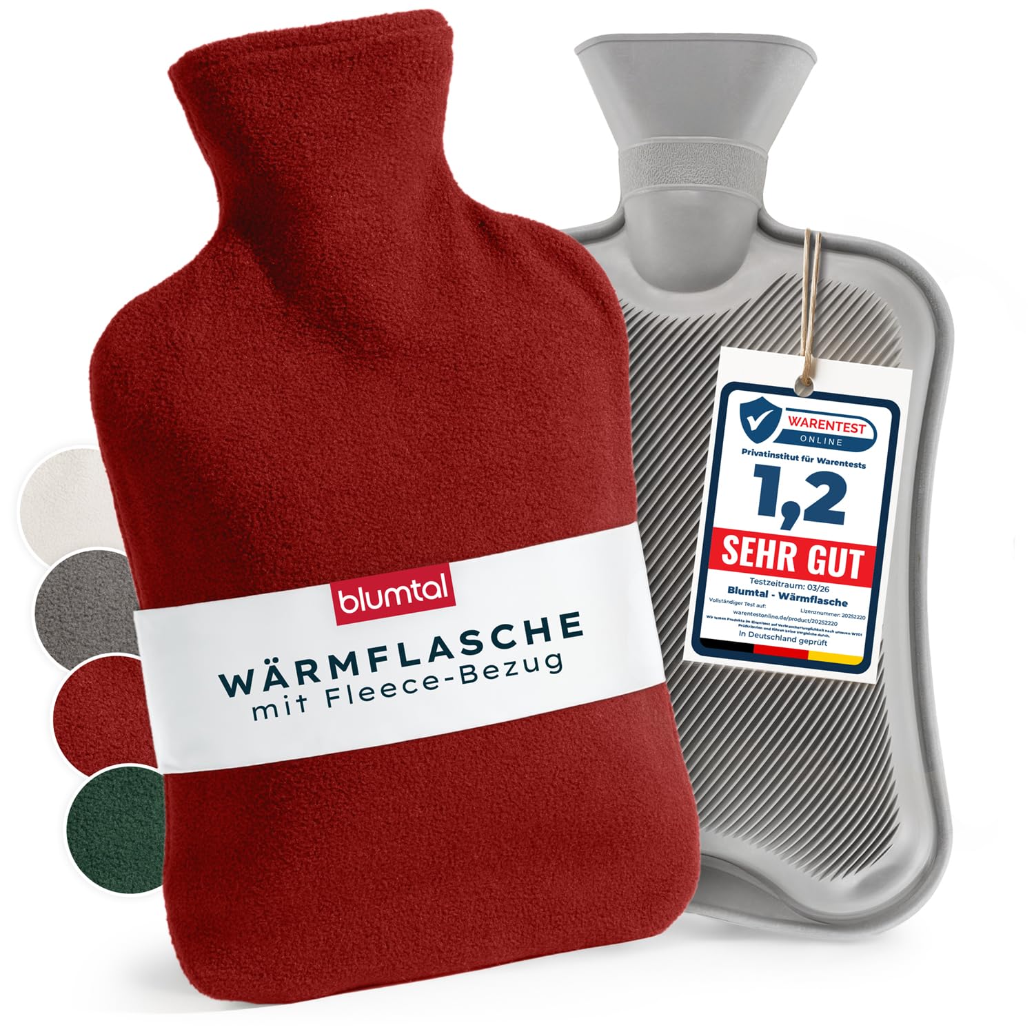 Blumtal Premium Wärmflasche mit Bezug Fleece - Wärmeflasche aus verwendungssicherem Naturkautschuk mit Fleecebezug - auslaufsichere Bettflasche - beruhigend & wärmend - flauschige Wärmflasche Rot