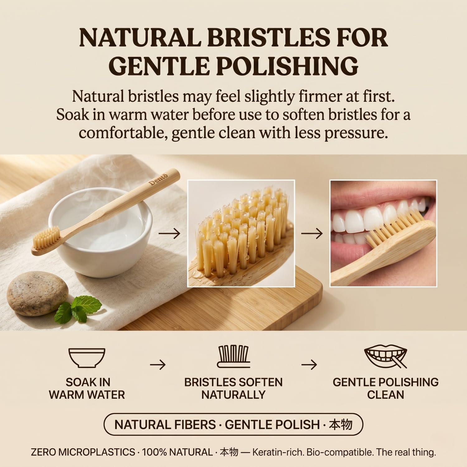 Dento Spazzolino da denti con setole di cinghiale e bambù (confezione da 4) – Setole di cinghiale di alta qualità – completamente biodegradabile – senza plastica e nylon – Design ad asciugatura rapida