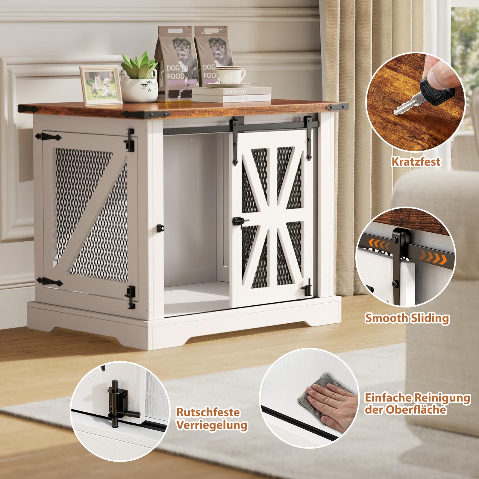 Hundekäfig, 73 cm Hundebox, Dreitüriger Hundekäfig für zu Hause, Schiebetür, Modernes Holz-Hundehäuschen, Geeignet für Kleine Hunde und Welpen, Verstärktes Design, Größe: 73x51x60 cm, Weiß