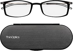 ThinOptics Reading Glasses 1.0 1.5 2.0 2.5 with Slim 4mm Magnetic Case - Ultra Light Spectacles with Rectangular Frame - Stylish Readers for Men & Women – Thin Design with Brushed Aluminium Case