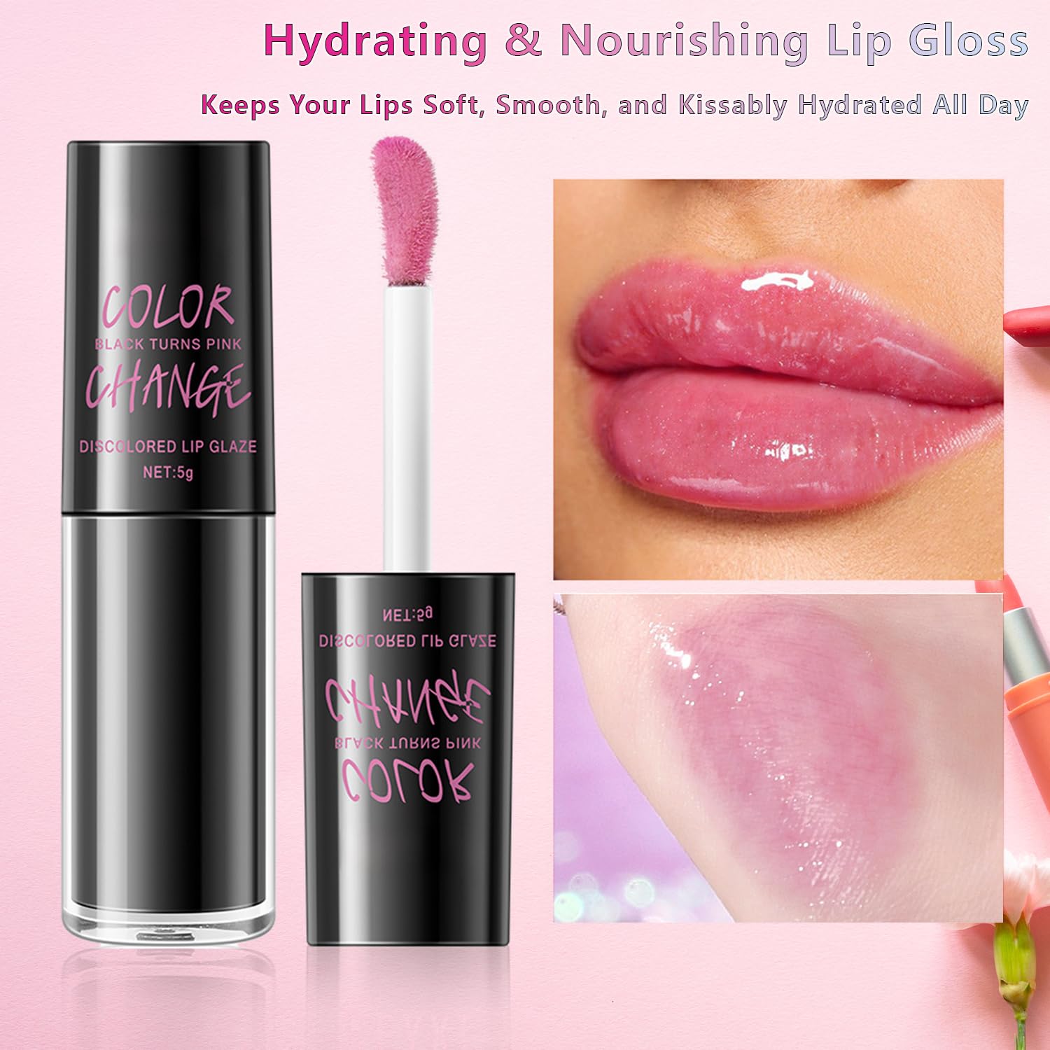 Brillo labial con cambio de color rosa, aceite labial hidratante y de alto brillo, bálsamo labial hidratante con acabado natural que adapta el color, compacto y apto para viajes, juego de maquillaje 4